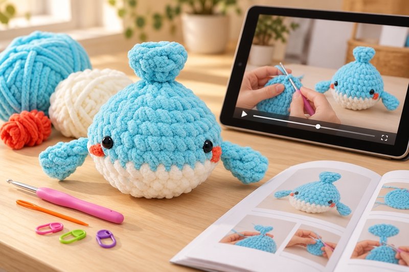 A crochet kit with printed diagrams and a tablet showing a matching tutorial review
