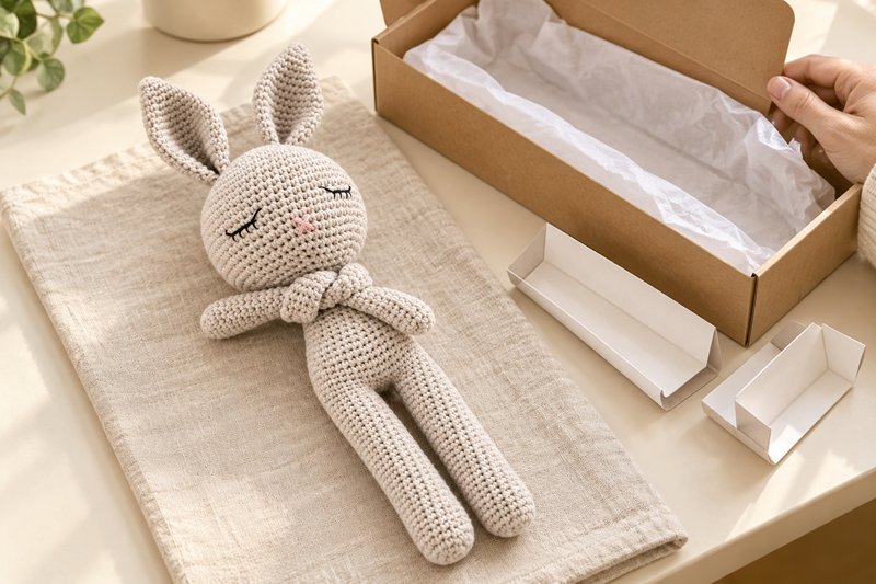 A crochet product being reviewed beside its opened retail packaging and protective supports