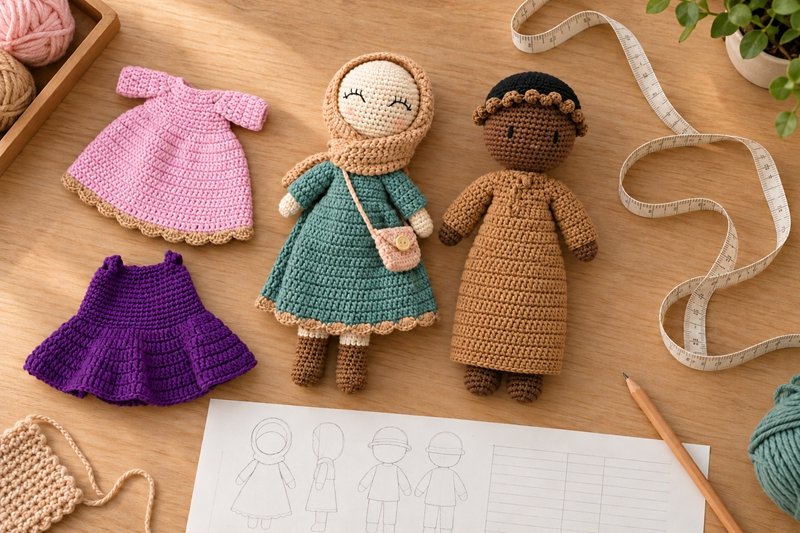 Doll references beside crochet clothing samples and a measurement sheet on a development table