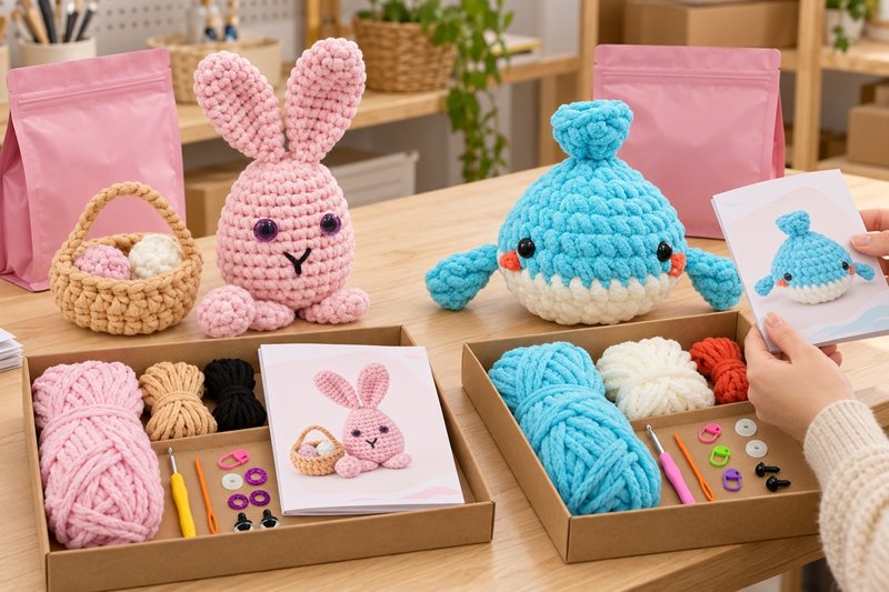 Crochet kit components and a localized booklet arranged for final version checking