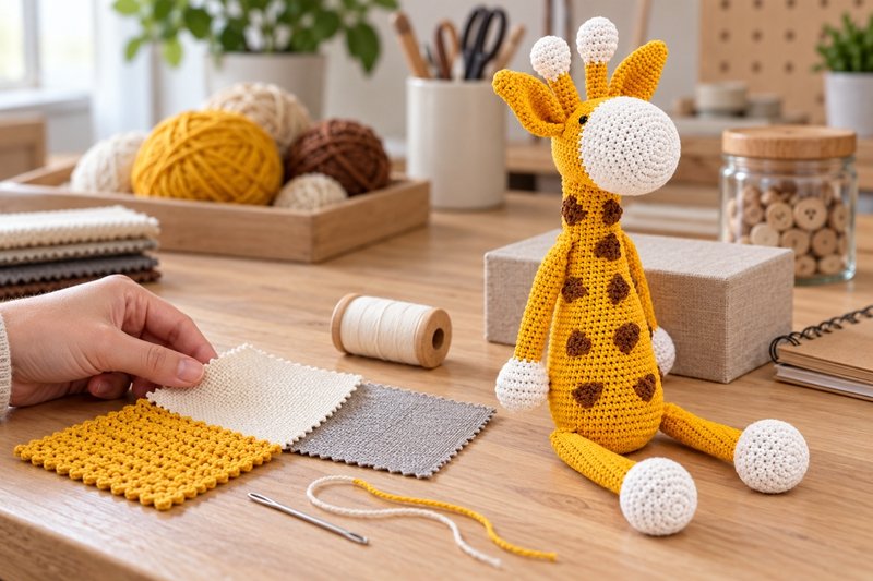Crochet and fabric material samples arranged for close inspection of proposed attachment methods