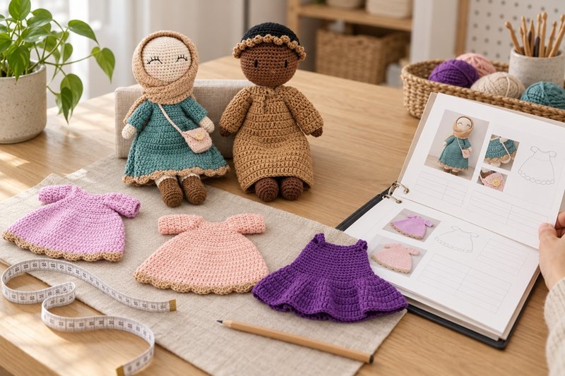 Crochet doll clothing arranged beside reference dolls and fit review records