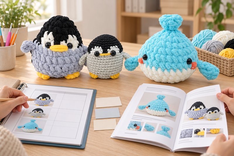 Crochet kit samples beside instruction resources and an organized feedback review record