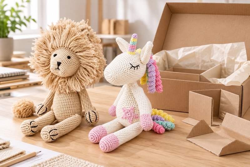 Crochet products beside protective inserts and an open packaging sample on a development table