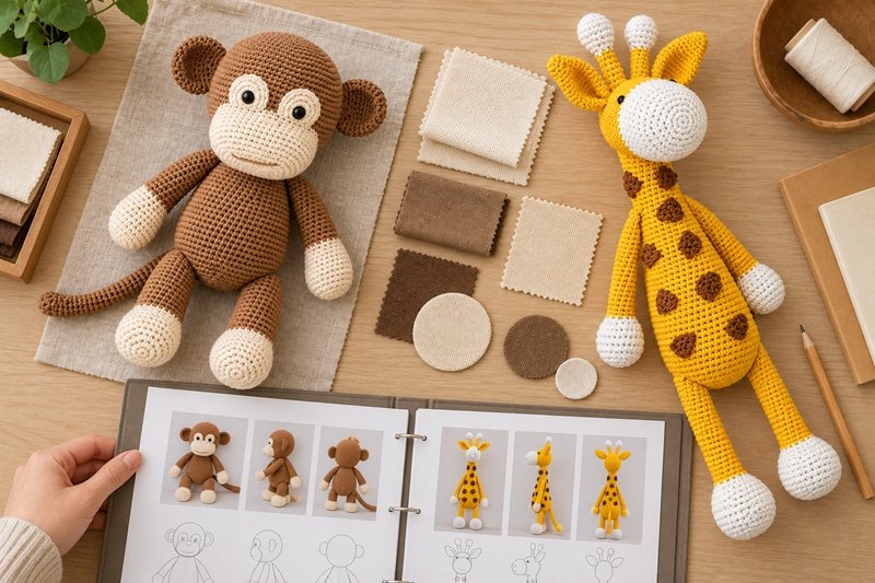 Crochet product references beside fabric components and construction review materials