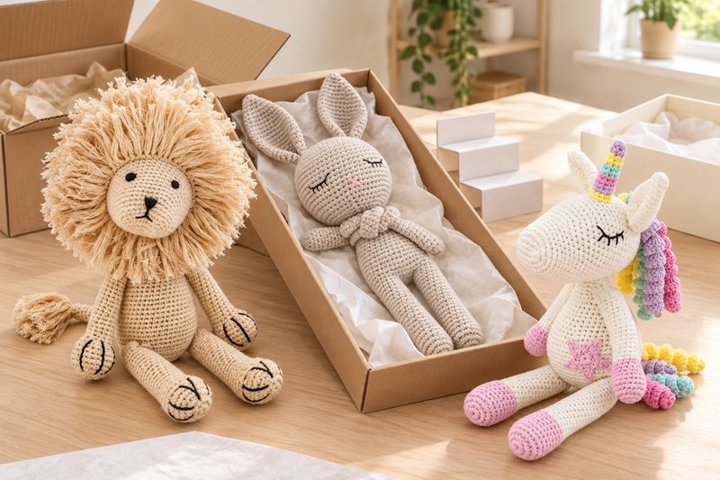 Several crochet products arranged beside an approved packing example and open shipping carton