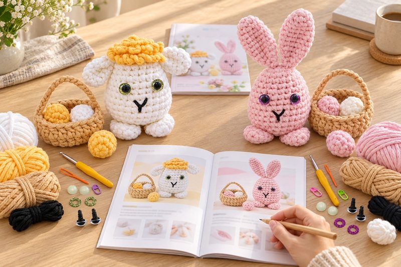 Crochet kit samples beside instruction booklets and yarn on a localization review table