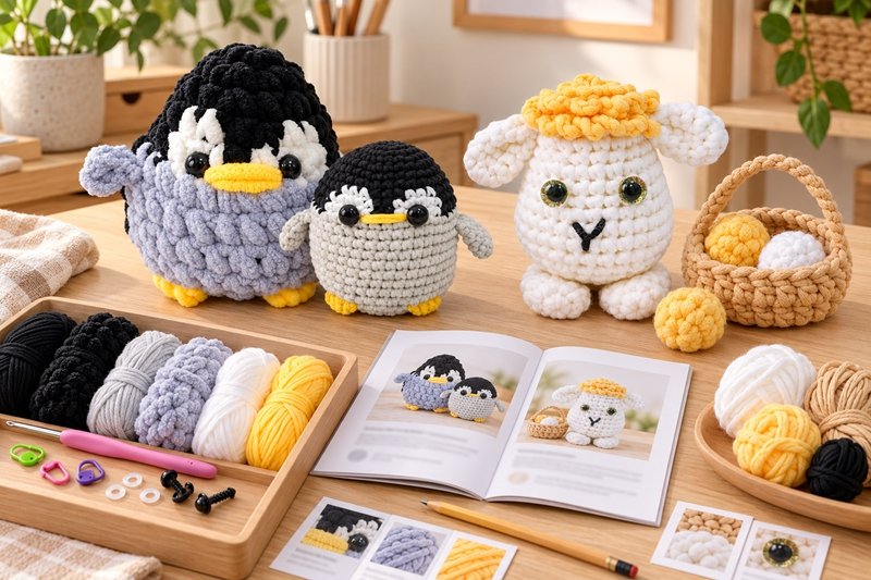 Crochet kit samples and component references arranged on a customer support review desk