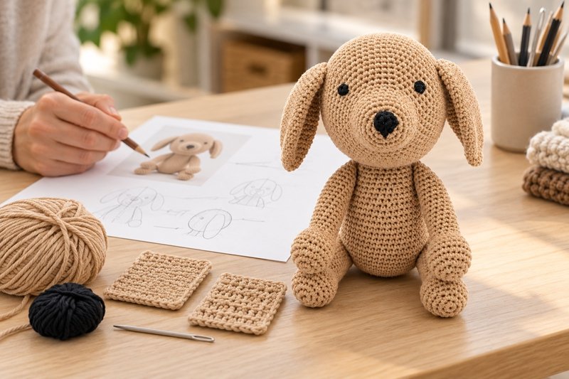 Crochet products beside revision references and separate materials on a sample review bench