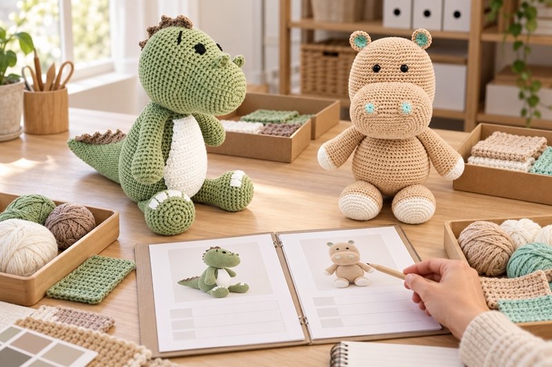 Crochet product samples and production review materials arranged for a design change assessment
