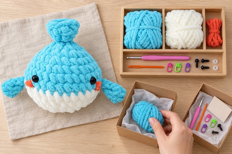 Replacement yarn and crochet kit accessories organized beside matching product samples